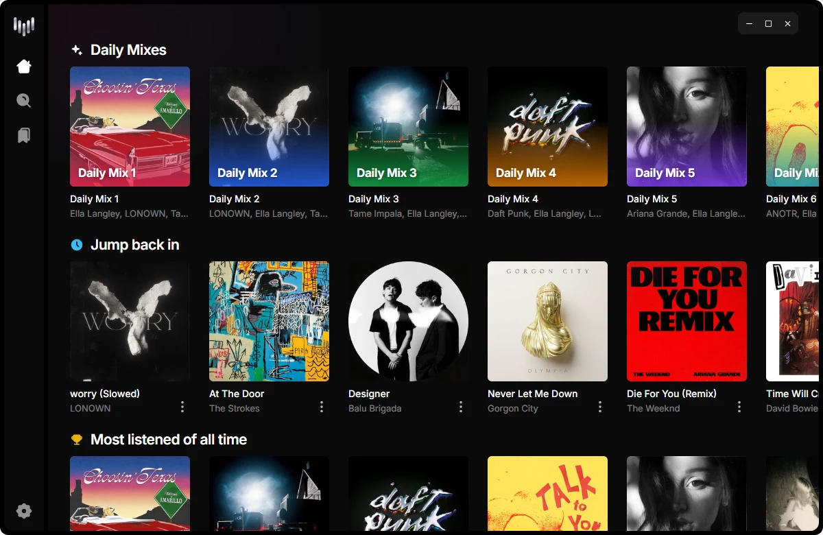Vateko.fun home screen with Daily Mixes, Jump back in and Most listened rows